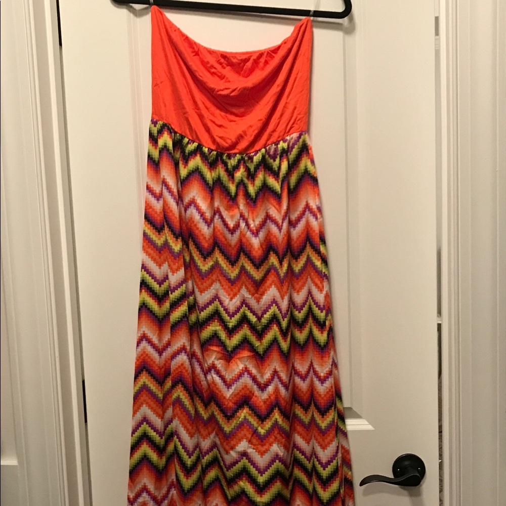 Strapless Orange and Black Chevron Maxi Dress